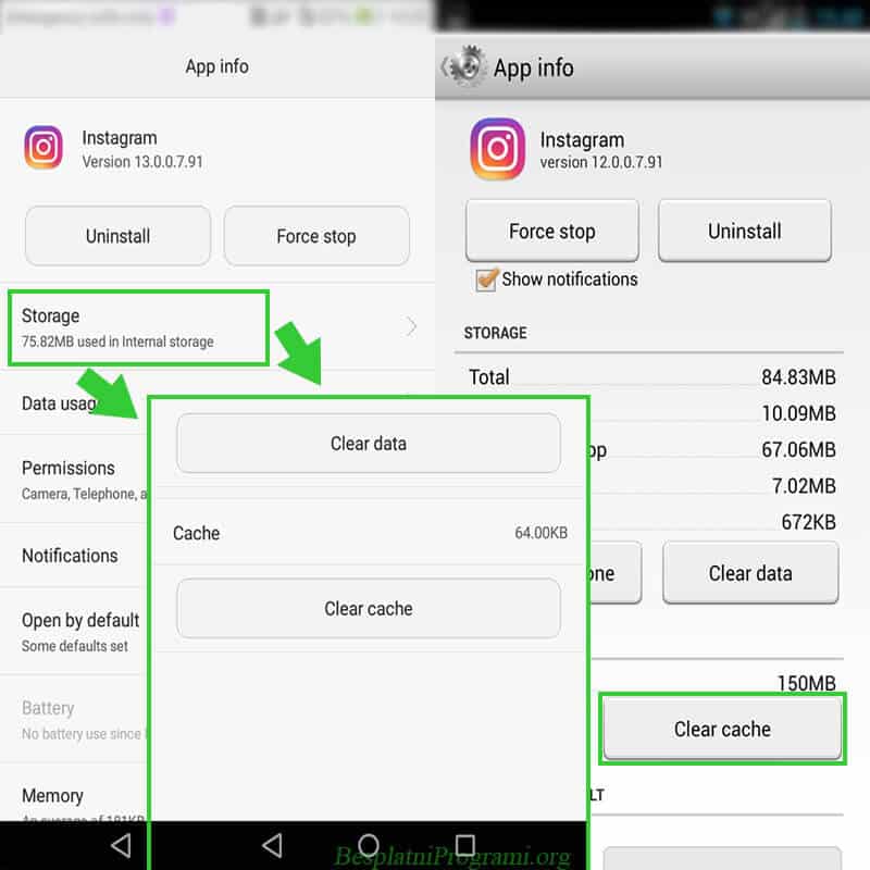 Android prikaz brisanja kes memorije kod Instagram aplikacije