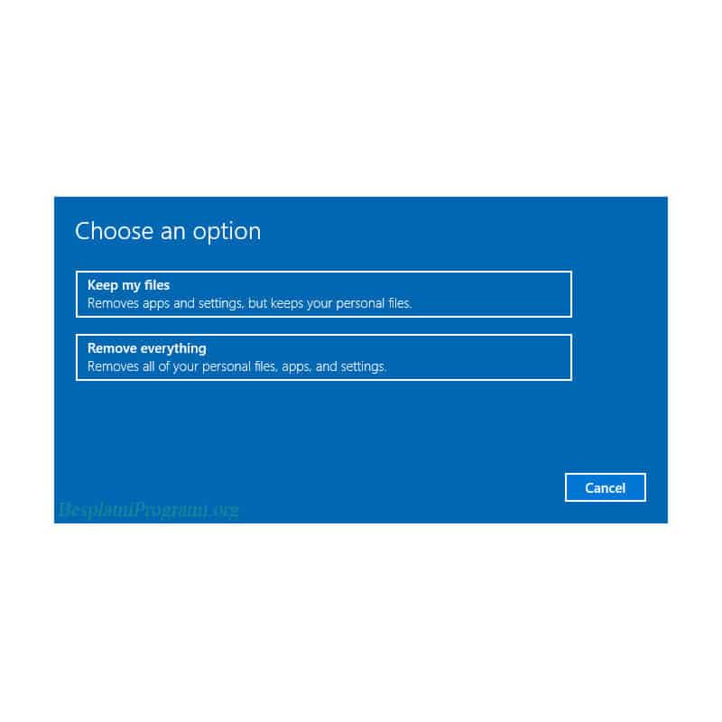 Windows 10 prikaz opcija za resetovanje sistema