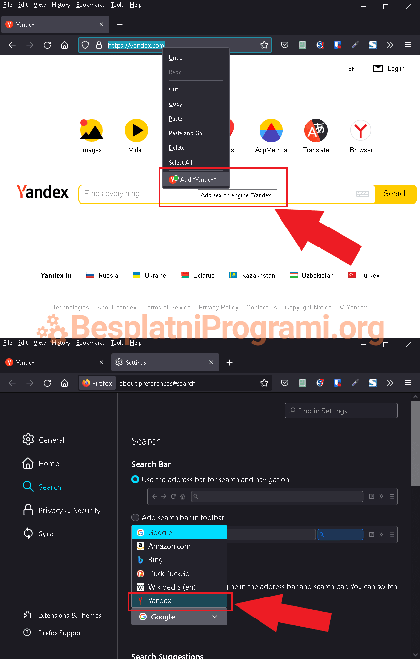 Kako dodati Yandex pretrazivač u Firefox
